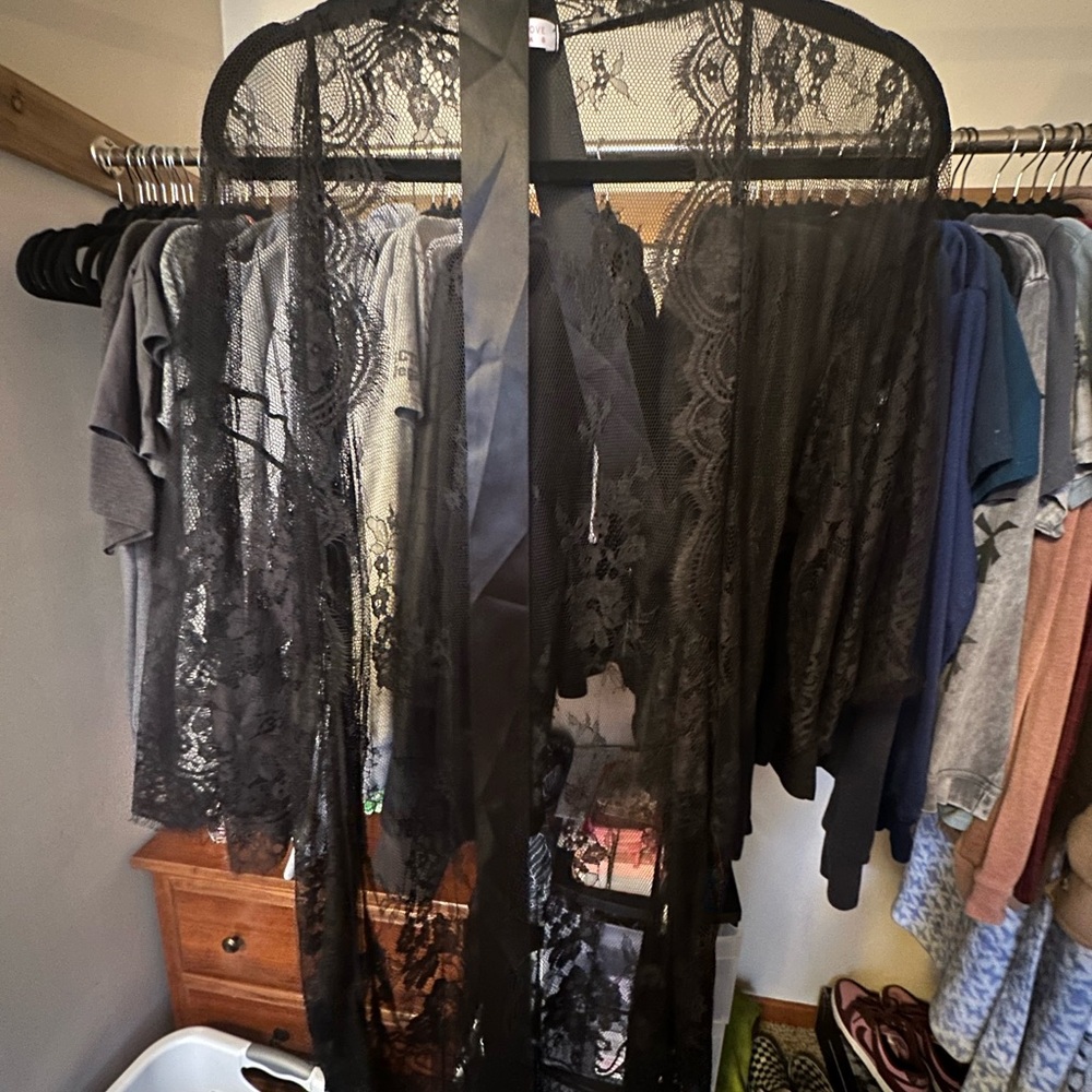 Black Lace Robe with Satin Tie